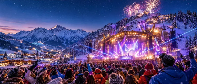 Nocny koncert w ośnieżonych Alpach: scena w światłach i fajerwerkach, tłum w kurtkach narciarskich